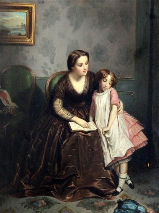 19th century French School Interior with mother and child reading a book, 15 x 11.75in.